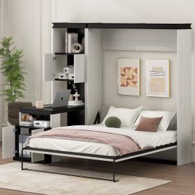 Full Size Murphy Bed with Desk and Storage Shelves and Cabinets, Black+White(Expected Arrival Time: 9.22)