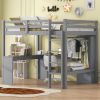 Full Size Loft Bed with L-shaped Desk, Wardrobe and Storage Shelves, Grey