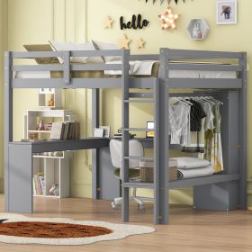 Full Size Loft Bed with L-shaped Desk, Wardrobe and Storage Shelves, Grey