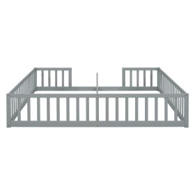 Double Twin Floor Bed with Fence, Guardrails, without door, Grey