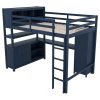 Wood Loft Bed with Cabinet and Bookshelf, Full Size Loft with Wardrobe and Desk for Kids,Dark Blue(Expect Arrival Date 2024/8/25)