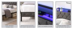 Queen Bed Frame with Storage Headboard, Charging Station and LED Lights, Upholstered Platform Bed with Heavy Metal Slats, No Box Spring Needed