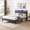 Queen Bed Frame with Storage Headboard, Charging Station and LED Lights, Upholstered Platform Bed with Heavy Metal Slats, No Box Spring Needed