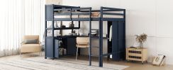 Wood Loft Bed with Cabinet and Bookshelf, Full Size Loft with Wardrobe and Desk for Kids,Dark Blue(Expect Arrival Date 2024/8/25)