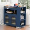 K&K Rolling Kitchen Island With Extended Table, Kitchen Island on Wheels with LED Lights,Power Outlets and 2 Fluted Glass Doors
