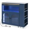 K&K Rolling Kitchen Island With Extended Table, Kitchen Island on Wheels with LED Lights,Power Outlets and 2 Fluted Glass Doors
