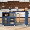 K&K Rolling Kitchen Island With Extended Table, Kitchen Island on Wheels with LED Lights,Power Outlets and 2 Fluted Glass Doors