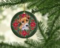 Jack Russell Terrier #2 Poinsetta Wreath Ceramic Ornament Christmas Tree Hanging Decorations for Home Christmas Holiday, Party, Gift, 3 in, Multicolor