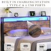 Queen Size Bed Frame with Storage Headboard and 2 Drawers, LED Lights Bed with Charging Station, Metal Platform Bed No Noise