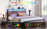 Queen Size Bed Frame with Storage Headboard and 2 Drawers, LED Lights Bed with Charging Station, Metal Platform Bed No Noise