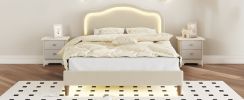Full Size Velvet Upholstered Smart LED Bed Frame with Adjustable Height Headboard,No Box Spring Needed,Easy Assembly,Beige