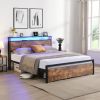 Queen Size Bed Frame with Storage Headboard and 2 Drawers, LED Lights Bed with Charging Station, Metal Platform Bed No Noise