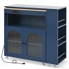 K&K Rolling Kitchen Island With Extended Table, Kitchen Island on Wheels with LED Lights,Power Outlets and 2 Fluted Glass Doors