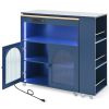 K&K Rolling Kitchen Island With Extended Table, Kitchen Island on Wheels with LED Lights,Power Outlets and 2 Fluted Glass Doors