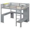 Full Size Loft Bed with L-shaped Desk, Wardrobe and Storage Shelves, Grey