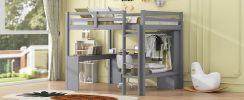 Full Size Loft Bed with L-shaped Desk, Wardrobe and Storage Shelves, Grey