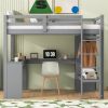 Twin Size Loft Bed with L-shaped Desk, Wardrobe and Storage Shelves, Grey
