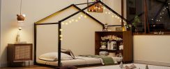 Twin Size Metal Bed House Bed Frame with Shelves and Lights, Black