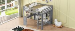 Full Size Loft Bed with L-shaped Desk, Wardrobe and Storage Shelves, Grey
