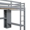 Full Size Loft Bed with L-shaped Desk, Wardrobe and Storage Shelves, Grey