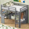 Twin Size Loft Bed with L-shaped Desk, Wardrobe and Storage Shelves, Grey