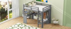 Twin Size Loft Bed with L-shaped Desk, Wardrobe and Storage Shelves, Grey