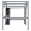 Full Size Loft Bed with L-shaped Desk, Wardrobe and Storage Shelves, Grey
