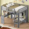 Full Size Loft Bed with L-shaped Desk, Wardrobe and Storage Shelves, Grey