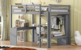 Full Size Loft Bed with L-shaped Desk, Wardrobe and Storage Shelves, Grey