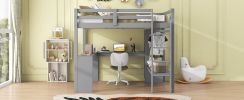 Full Size Loft Bed with L-shaped Desk, Wardrobe and Storage Shelves, Grey