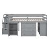 Full Size Loft Bed with Retractable Writing Desk and 3 Drawers, Wooden Loft Bed with Storage Stairs and Shelves, Gray