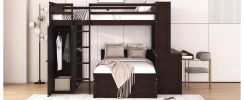 Full size Loft Bed with a twin size Stand-alone bed, Shelves,Desk,and Wardrobe-Espresso