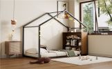 Twin Size Metal Bed House Bed Frame with Shelves and Lights, Black