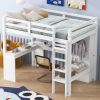 Twin Size Loft Bed with L-shaped Desk, Wardrobe and Storage Shelves, White