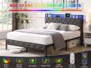 Queen Bed Frame with Storage Headboard, Charging Station and LED Lights, Upholstered Platform Bed with Heavy Metal Slats, No Box Spring Needed