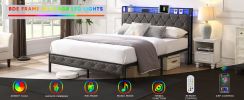 Queen Bed Frame with Storage Headboard, Charging Station and LED Lights, Upholstered Platform Bed with Heavy Metal Slats, No Box Spring Needed
