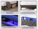 Queen Bed Frame with Storage Headboard, Charging Station and LED Lights, Upholstered Platform Bed with Heavy Metal Slats, No Box Spring Needed
