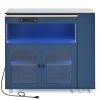 K&K Rolling Kitchen Island With Extended Table, Kitchen Island on Wheels with LED Lights,Power Outlets and 2 Fluted Glass Doors