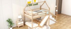 Twin over Twin House Loft or Bunk Bed with Slide and Staircase, Natural