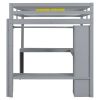 Full Size Loft Bed with L-shaped Desk, Wardrobe and Storage Shelves, Grey