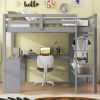 Full Size Loft Bed with L-shaped Desk, Wardrobe and Storage Shelves, Grey