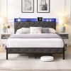 Queen Bed Frame with Storage Headboard, Charging Station and LED Lights, Upholstered Platform Bed with Heavy Metal Slats, No Box Spring Needed