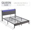 Queen Bed Frame with Storage Headboard, Charging Station and LED Lights, Upholstered Platform Bed with Heavy Metal Slats, No Box Spring Needed