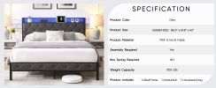 Queen Bed Frame with Storage Headboard, Charging Station and LED Lights, Upholstered Platform Bed with Heavy Metal Slats, No Box Spring Needed