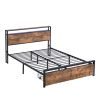 Queen Size Bed Frame with Storage Headboard and 2 Drawers, LED Lights Bed with Charging Station, Metal Platform Bed No Noise