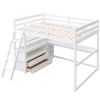 Full Size Loft Bed with Desk and Shelves,Two Built-in Drawers,White