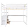 Full Size Loft Bed with Desk and Shelves,Two Built-in Drawers,White