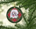 Medium White Poodle Poinsetta Wreath Ceramic Ornament Christmas Tree Hanging Decorations for Home Christmas Holiday, Party, Gift, 3 in, Multicolor