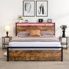 Queen Size Bed Frame with Storage Headboard and 2 Drawers, LED Lights Bed with Charging Station, Metal Platform Bed No Noise