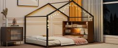 Full Size Metal Bed House Bed Frame with Shelves and Lights, Black